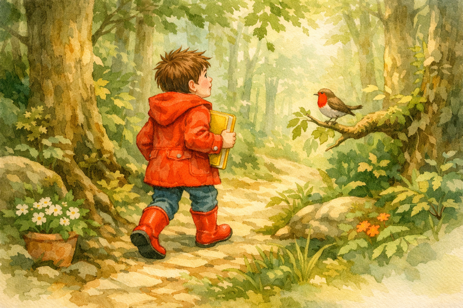 A sunlit woodland with a robin